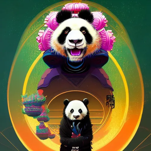 Image similar to a beautiful hyperdetailed character design 4 k wallpaper illustration of a cute panda with a chinese lion dance head victo ngai cyberpunk style, from china, style of studio ghibli, makoto shinkai, raphael lacoste, louis comfort tiffany, artgerm, james jean, ross tran, chinese style