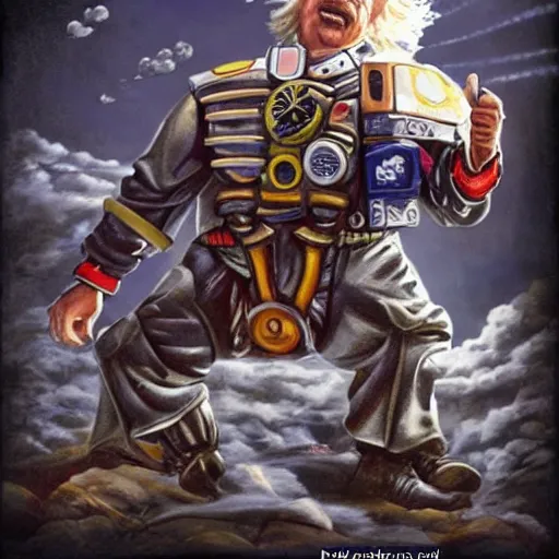 Image similar to Albert Einstein flying a Warhammer 40k Storm Speeder