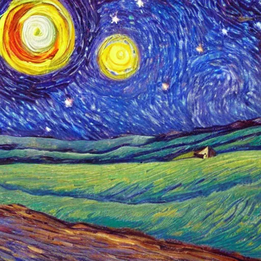 Prompt: a post-impressionist oil painting of a starry night sky. background of a rolling hills landscape, with a single tree in the foreground. The sky is filled with stars, and the moon is visible in the distance. the stars are shining brightly, and the colors are very vibrant.