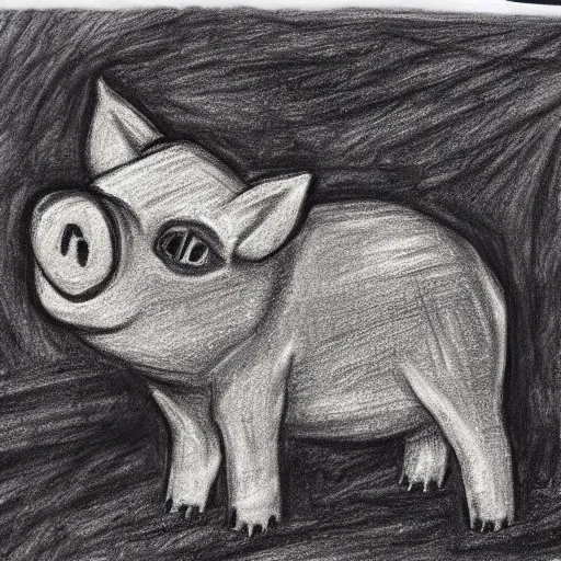 Prompt: minecraft pig horror evil, black and white charcoal sketch