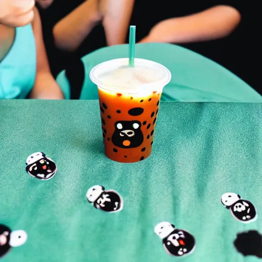 Prompt: boba tea with soot sprites