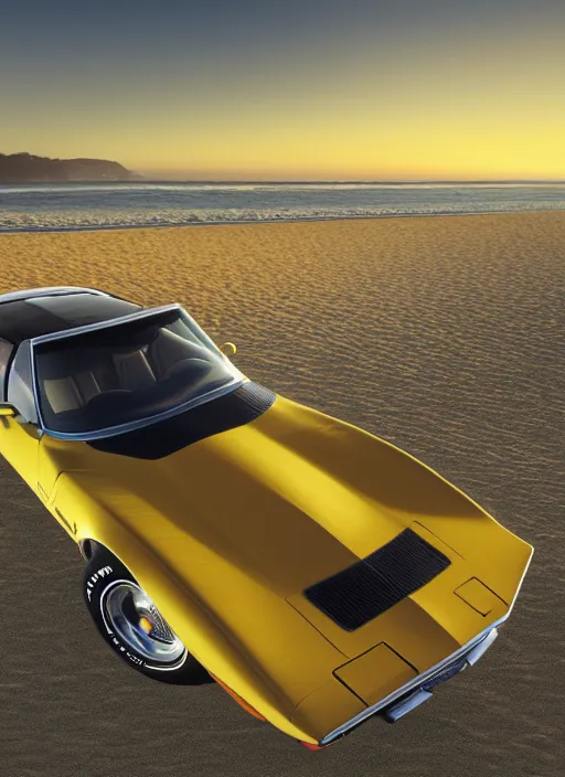 Image similar to a miniature of a yellow 1979 stingray corvette at the beach at sunset, t-top, convertable,digital art,detailed,ultra realistic,art by greg rutkowski