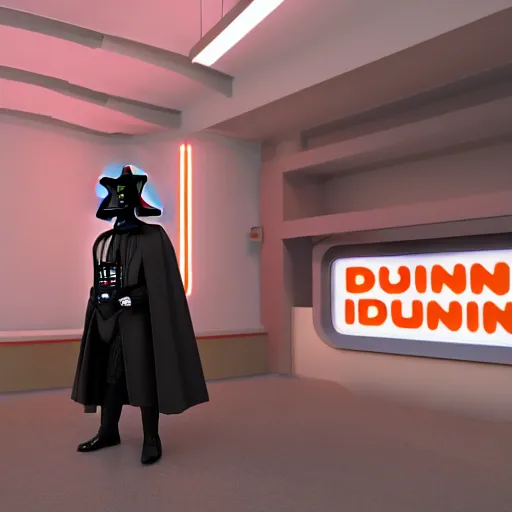 Image similar to darth vador working at dunkin donuts , 8k cinematic lighting, very sharp detail, anatomically correct