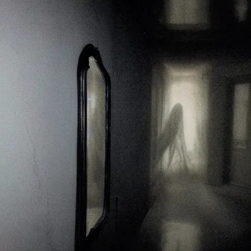 Image similar to Brittany Murphy spirit in the dark misty mirror, dark eerie pic, photo taken by ghost adventures
