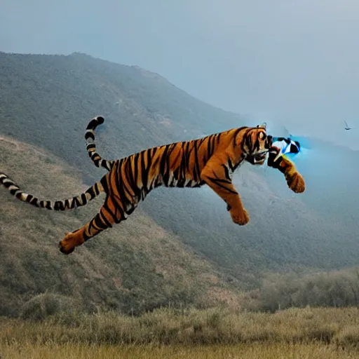 Image similar to a tiger jumping off a cliff with large open ballon parachute