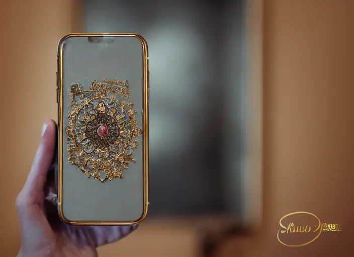 Image similar to photo still of an iphone with decoration from the year 1 9 0 1, in a room from 1 9 0 1, 8 k, studio lighting bright ambient lighting key light, 8 5 mm f 1. 8