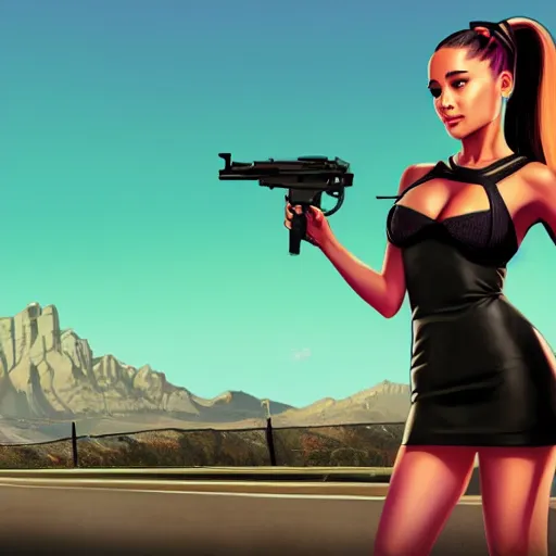 Prompt: ariana grande in gta v, cover art by stephen bliss, artstation, no text