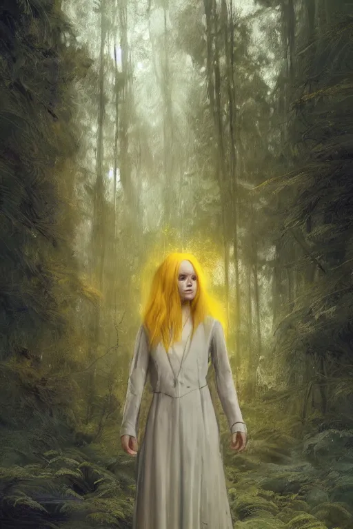 Prompt: digital drawing of wizard woman with long yellow hair standing in a forest by jeremy lipking and greg rutkowski and artgerm rendered in octane, beuatiful lighting