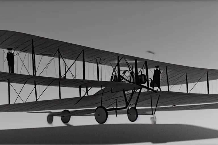 Image similar to still photo of the wright brothers taking off an airplane for the first time, black and white color photograph, highly detailed, photorealistic shot, bright studio setting, studio lighting, crisp quality and light reflections, unreal engine 5 quality render