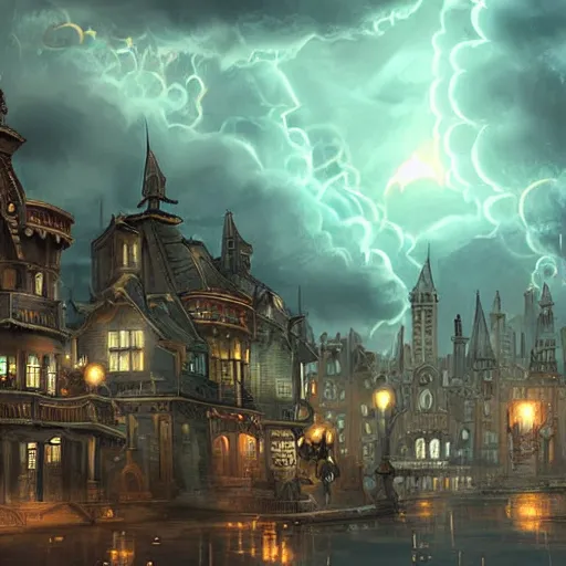 Prompt: A flying steampunk city in the stormy clouds at night, high quality digital art