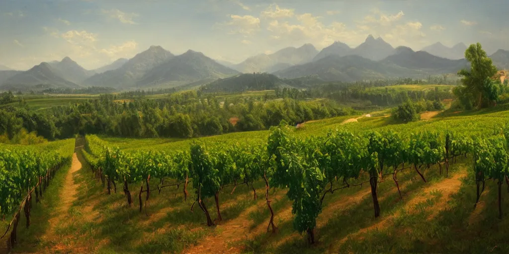 Image similar to A painting of winery. The vineyards are sprawling and green, with a river winding through them. In the distance, there are mountains. by bob ross, Albert Bierstadt, immaculate scale, hyper-realistic, trending on Artstation, 8k, detailed, atmospheric, immaculate