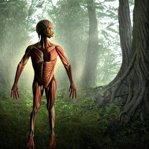 Prompt: realistic human made of muscles, flesh, plants and mushrooms, in the middle of a mysterious forest, god rays