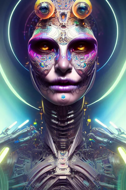 Image similar to ultra detailed Female Android deity, scifi, octane render, (dia de los muertos), asymmetrical, intricate concept art, triadic color scheme, art by artgerm and giger and DZO and greg rutkowski and alphonse mucha and WLOP