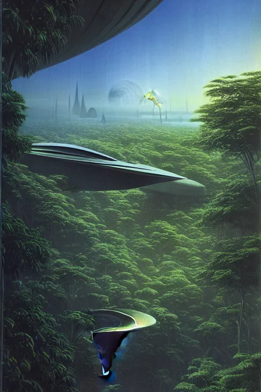 Image similar to emissary space by author haas and bruce pennington and john schoenherr, cinematic matte painting, zaha hadid building in a lush jungle, 8 k, dark color palate