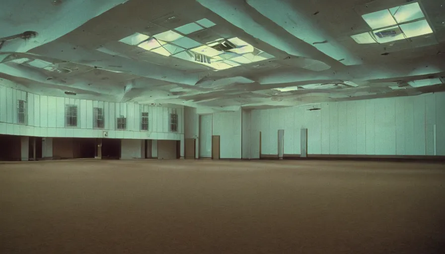 Prompt: 70s movie still of a wide ballroom and a high ceiling, cinestill 800t Technicolor, heavy grain, high quality, criterion collection, liminal space style