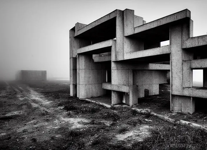 Prompt: high resolution black and white photography with a 3 5 mm f / 2 2. 0 lens of brutalist architectural building blocks in the middle of a russian wasteland in the 1 9 8 0 s in the middle of nowhere, there is fog. fine art photography and very detailed