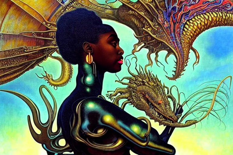 Image similar to realistic extremely detailed closeup portrait painting of a beautiful black woman wearing futuristic dress, mutant dragon and a single old house on background by Jean Delville, Amano, Yves Tanguy, Alphonse Mucha, Ernst Haeckel, Edward Robert Hughes, Roger Dean, rich moody colours