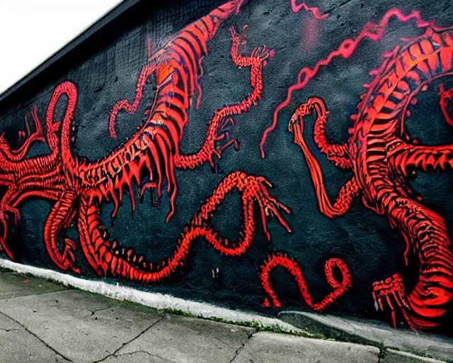 Image similar to 16k footage of a wall that has some lovecraftian graffiti on it inspired by wretched dragon rib cage. lovecraftian graffiti in red and black colors. the art is cursed and ecrusted with jewels.