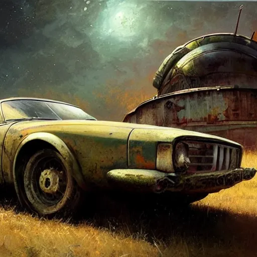 Image similar to vintage, old, rusty, ussr, soviet car, iz 2 1 2 5!!!, as a realistic scifi spaceship!!!, wide angle shot art by donato giancola and greg rutkowski, vintage retro scifi, realistic space, digital art, trending on artstation, symmetry!!!