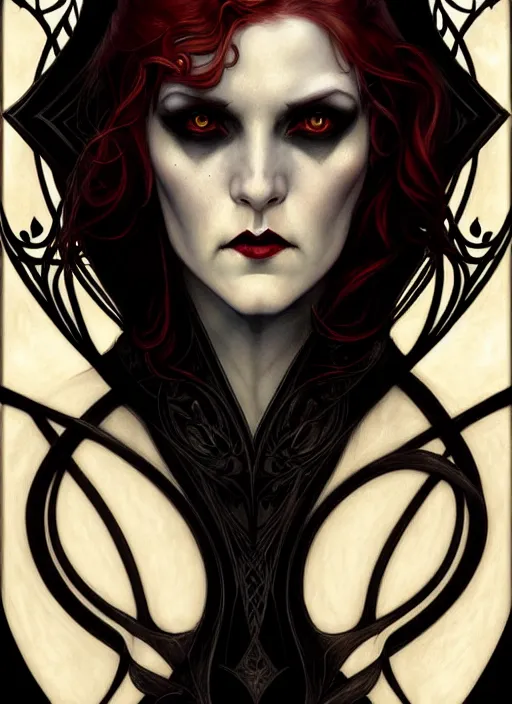 Image similar to an art nouveau, evil vampire portrait in the style of charlie bowater, and in the style of donato giancola, and in the style of charles dulac. very large, clear, expressive, intelligent eyes. symmetrical, centered, ultrasharp focus, dramatic lighting, photorealistic digital painting, intricate ultra detailed background.