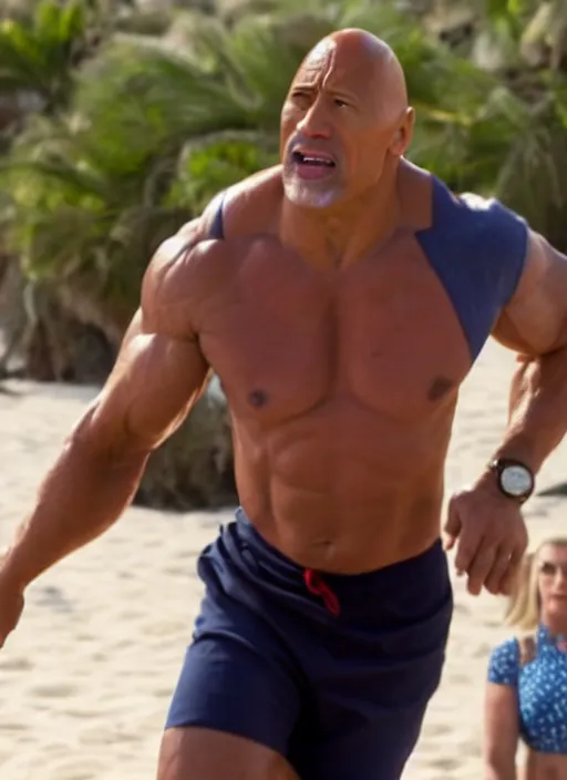 Image similar to film still of joe biden as dwayne johnson in baywatch movie 2 0 1 7, 8 k