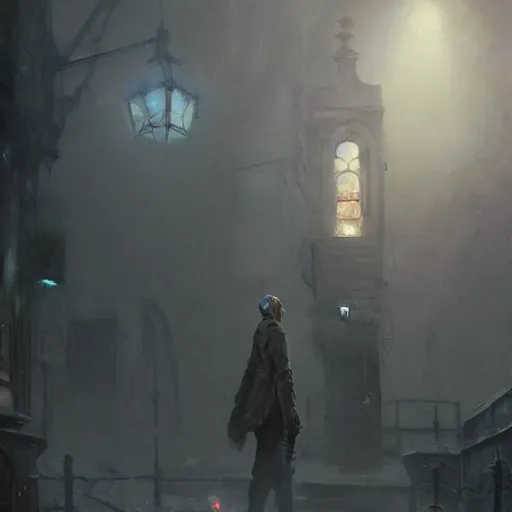 Prompt: wanderer in innsmouth, innsmouth, hp lovecraft, dramatic lighting, painted by raymond swanland, painted by greg rutkowski, painted by jeremy mann, painted by artgerm, painted by igor kieryluk, trending on artstation