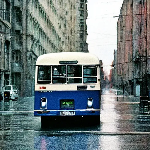 Prompt: 1990s perfect 8K HD professional cinematic photo of a bus in dystopian city, at evening during rain, at instagram, Behance, Adobe Lightroom, with instagram filters, depth of field, taken with polaroid kodak portra