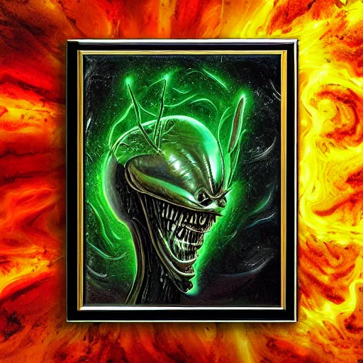 Prompt: alien long big brain grotesque cosmic horror scifi cover menacing scary uncanny eerie style oil painting heavy brushstrokes dramatix album cover red green