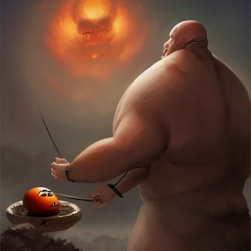 Prompt: Bald Giant Sumo beastly Samurai with an egg growing from his stomach, Digital, dark, fantasy, character, arstation by Bastien Lecouffe-Deharme, Balaskas, Christopher