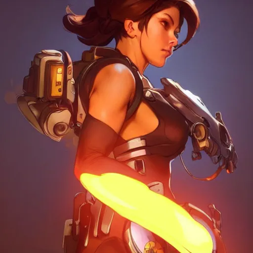 Image similar to digital character concept art by artgerm and greg rutkowski and alphonse mucha. portrait of overwatch tracer, beautiful, holding a stuff, detailed, poster art, light effect, glowing, hyper detail, intricate, elegant, digital painting, artstation, smooth, sharp focus