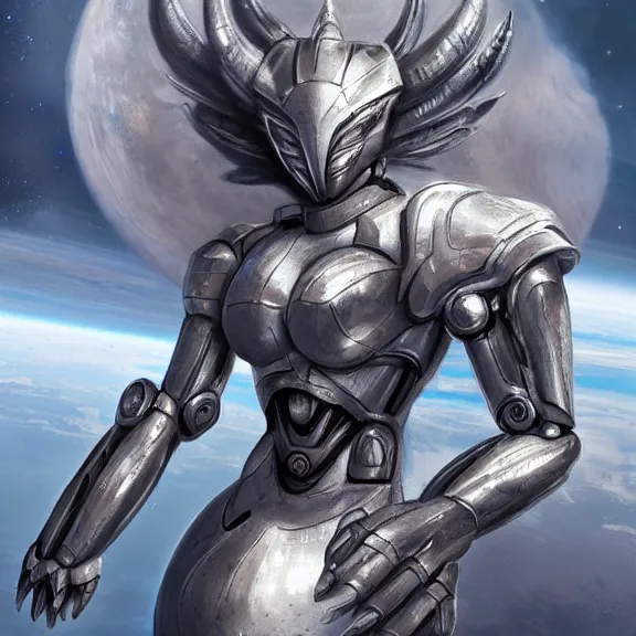 Image similar to giant stunning goddess shot, galactic sized beautiful hot anthropomorphic robot mecha female dragon, floating alone in space, larger than the planet, holding the earth, the earth a mere marble in her hand, detailed sleek silver armor, sharp claws, epic proportions, epic scale, highly detailed digital art, sci fi, furry art, macro art, dragon art, goddess art, warframe fanart, destiny fanart, anthro, furry, giantess, macro, furaffinity, deviantart, 8k 3D realism