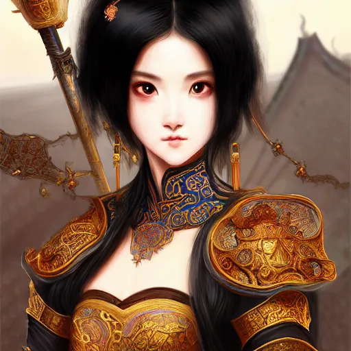 Image similar to portrait black hair young knights of Dynasty Warriors girl, rose golden color armor, in ruin chinese palace rooftop sunrise, ssci-fi and fantasy, intricate and very beautiful and elegant, highly detailed, digital painting, soft light, artstation, concept art, smooth and sharp focus, illustration, art by tian zi and WLOP and alphonse mucha