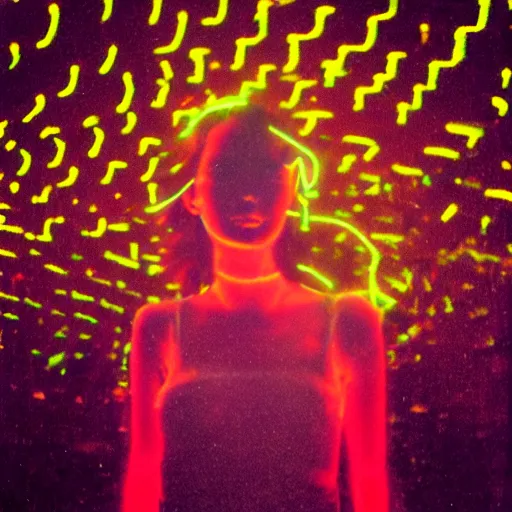 Image similar to neon glow viewpoint of the pale dead princess, cracks of blinding lights on the skin, vortex background shading, self portrait pic by 35mm