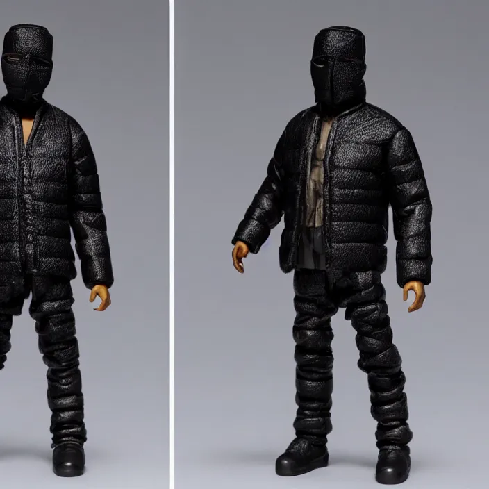 Image similar to a action figure of kanye west using full face - covering black mask with small holes. a small, tight, undersized reflective bright black round puffer jacket made of nylon. a shirt underneath. black jeans pants. a pair of big black rubber boots, figurine, detailed product photo, 4 k, realistic, acton figure, studio lighting, professional photo