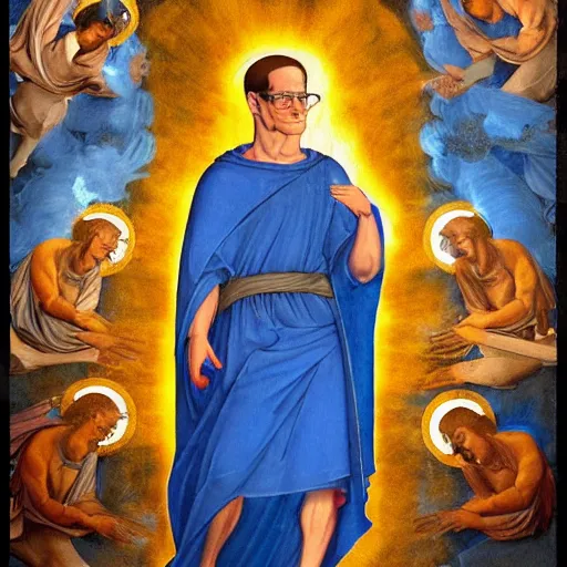 Image similar to waist - up shot, hank hill wearing a white toga, emerging from blue fire, surrounded by blue flames, renaissance religious painting, late gothic religious paintings, byzantine religious art, painting by duccio di buoninsegna and carlo crivelli, trending on artstation