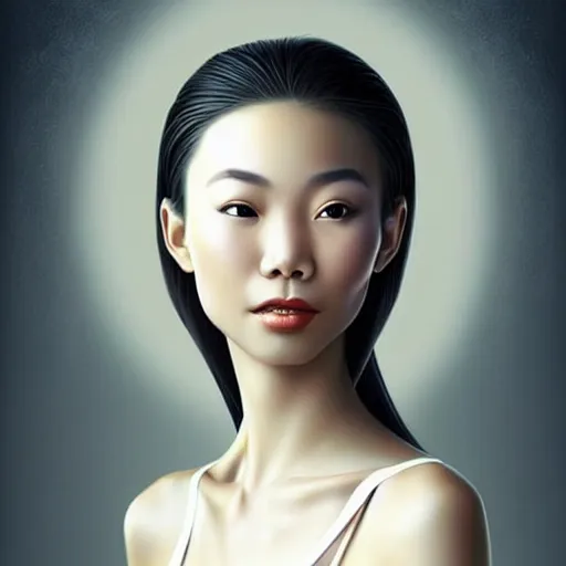 Image similar to beautiful portrait of an enthusiastic, dainty, slim, delighted vietnamese, ( waitress ) girl, stunning, intelligent, fashionable, vivid!!, sharp, crisp, ultra ambient occlusion, reflective, universal shadowing, fantasy art, extremely even lighting, art by wlop, vladimir kush!!, ilya, kevin hong!!, yasar vurdem