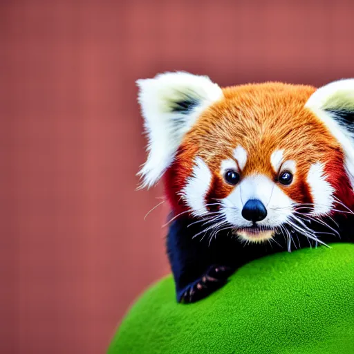 Prompt: Photo of stuffed cute Red Panda, peaceful atmosphere, precise, mid-shot, perfect light, bokeh, indoor, green background, highly detailed, 4k