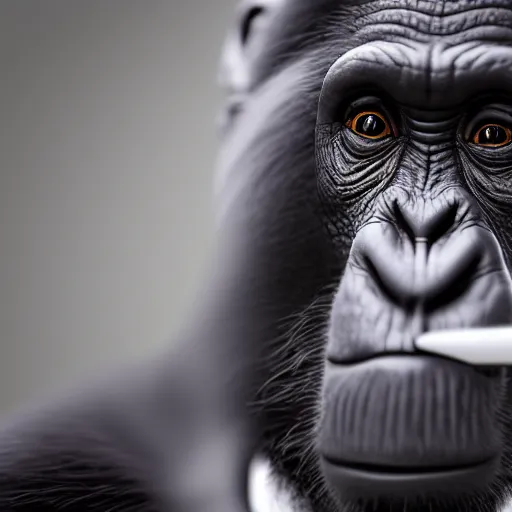 Image similar to a high detail shot of a chimp wearing a suit, smoking, render, cgsociety, photorealism