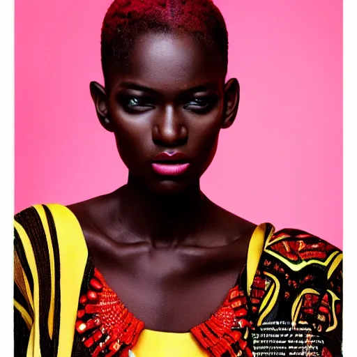 Prompt: African model portrait photograph, editorial story, British Vogue, editorial photographer by Peter Gehrke