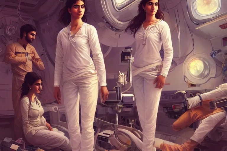 Image similar to Sensual good looking pale young Indian doctors wearing jeans floating in a space station above Earth performing surgery, portrait, elegant, intricate, digital painting, artstation, concept art, smooth, sharp focus, illustration, art by artgerm and greg rutkowski and alphonse mucha