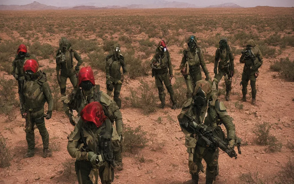 Prompt: a team of five people in dark green tactical gear like death stranding and masks, red mesas behind them, look at a desert oasis in the distance. They 're afraid. dusty, red, mid day, heat shimmering, 35mm film