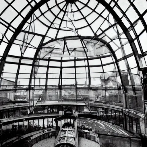 Prompt: 5 0's photo of giant glass dome train station in berlin