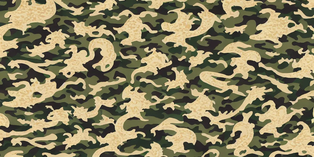 Prompt: fabric, camo pattern with dragons