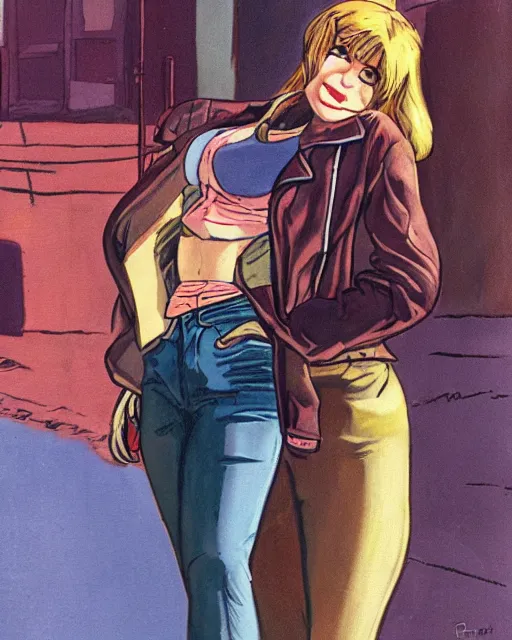 Image similar to young female protagonist in leather jacket, city street, artwork by ralph bakshi