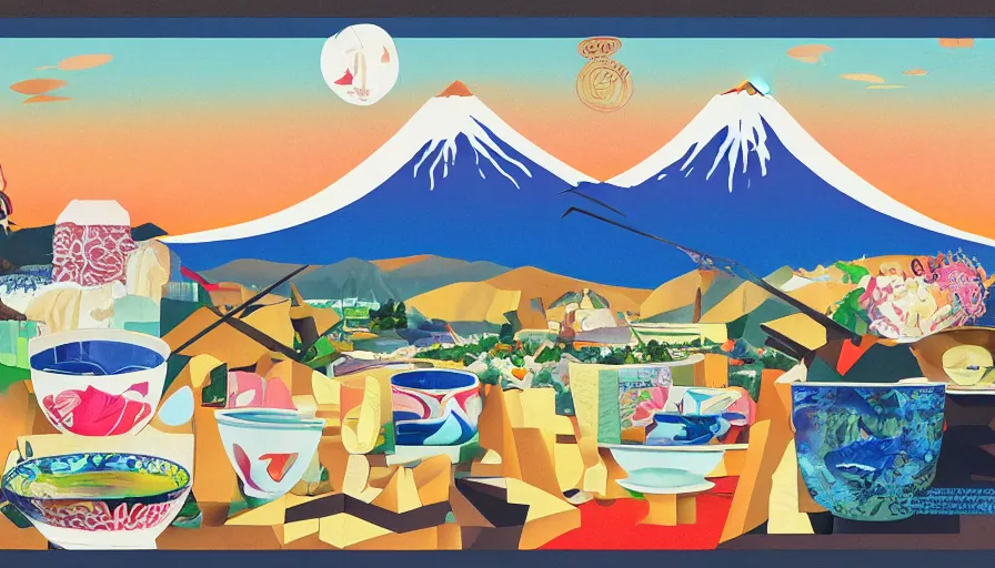 Image similar to award winning graphic design poster, cutouts constructing an contemporary art depicting a lone mount fuji in the distance behind a mountain range isolated on white, a ramen bowl full of rural splendor, bountiful crafts, local foods, edgy and eccentric abstract cubist realism, composition confined and isolated on white, mixed media painting by Leslie David and Lisa Frank for juxtapose magazine