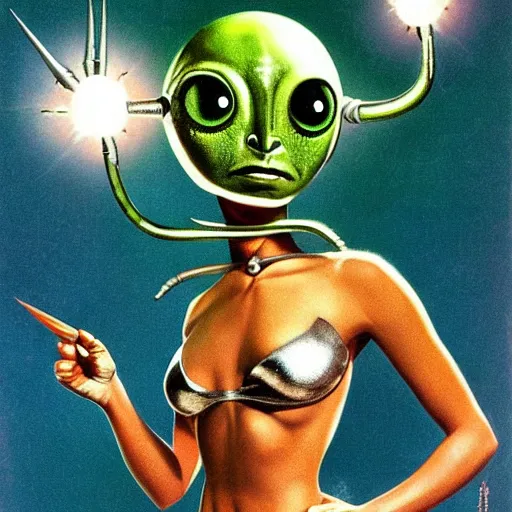 Image similar to beautiful alien extraterrestrial species female babe, in a tight fitting silver metallic bikini spacesuit, bare midriff, big silver head with eyestalk antennae, eyeballs on stalk antennae, green skinned, big black almond shaped alien eyes, volcanic background, by Mort Kunstler and Gil Elvgren
