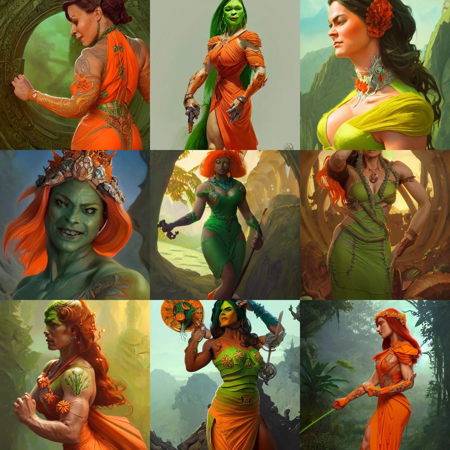 Prompt: muscled green-skinned orc princess wearing an orange summer dress, intricate, highly detailed, digital painting, artstation, concept art, smooth, sharp focus, illustration, Unreal Engine 5, 8K, art by artgerm and greg rutkowski and alphonse mucha