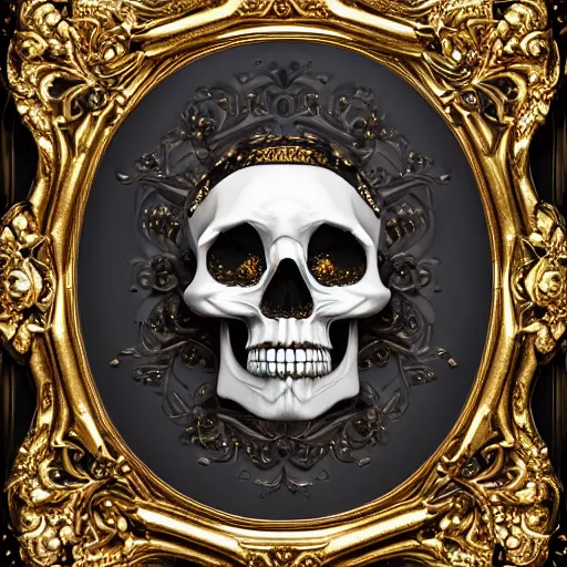 Image similar to a portrait of a beautiful ornate and intricate rococo skull with diamonds as eyes and with silver and gold details and diamonds inside a rococo frame, 4k, octane render, vray, unreal engine, photorealistic