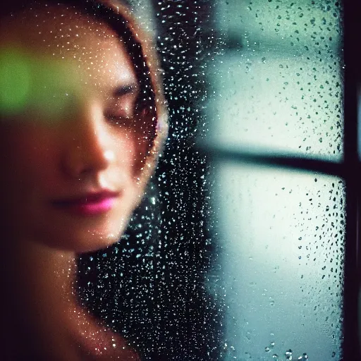 Image similar to a beautiful woman photographed through a rainy window, bokeh,