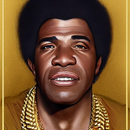 Image similar to highly detailed portrait of James Brown big wearing a gold crown and gold chains and holding a microphone, realistic portrait, symmetrical, highly detailed, digital painting, artstation, concept art, smooth, sharp focus, illustration, cinematic lighting, art by artgerm and greg rutkowski and alphonse mucha